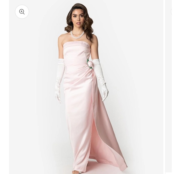 Unique Vintage 1950s Pink  Satin Strapless Enchanted Evening Gown with Rosette # - Picture 2 of 9